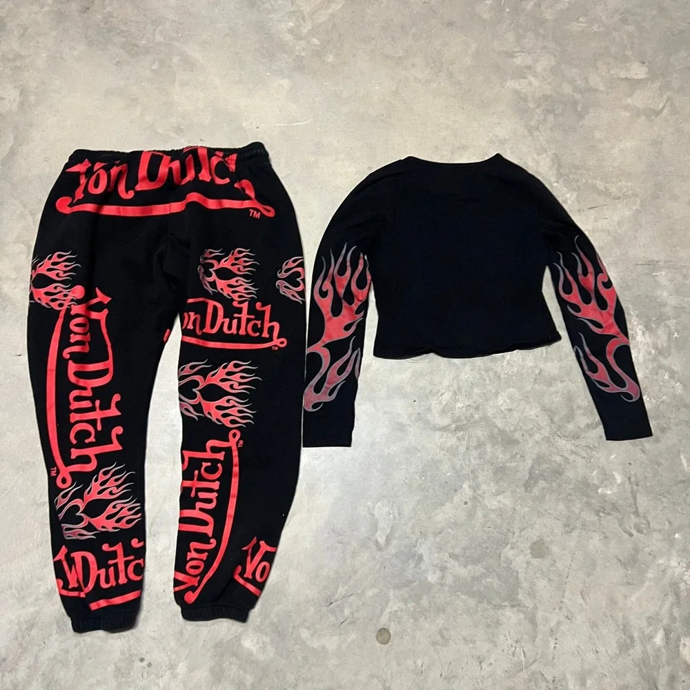 Von Dutch Womens 2 Piece Set Black Red Flame Crop Top Joggers L TVNO3A1275NV